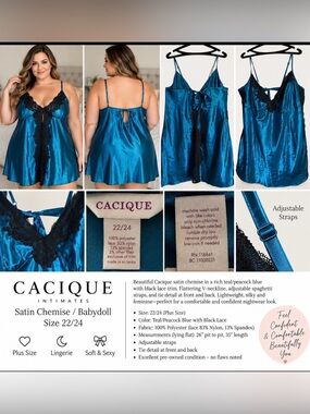 Cacique 22/24 Teal Satin Black Lace Chemise Babydoll Plus Size Lingerie